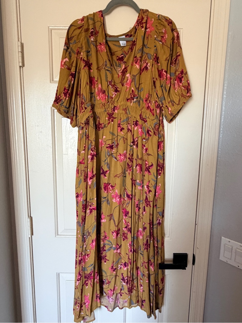 Melrose and Market Mustard Maxi Dress with Pink Floral Print